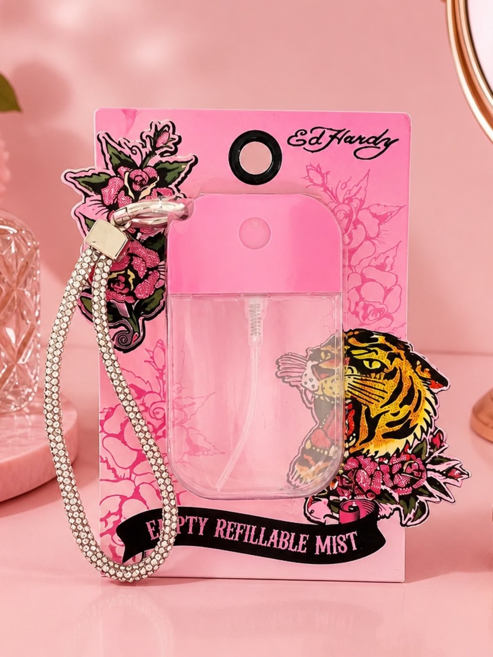 Ed Hardy Pink Empty Refillable Mist Spray Bottle with Rhinestone Strap